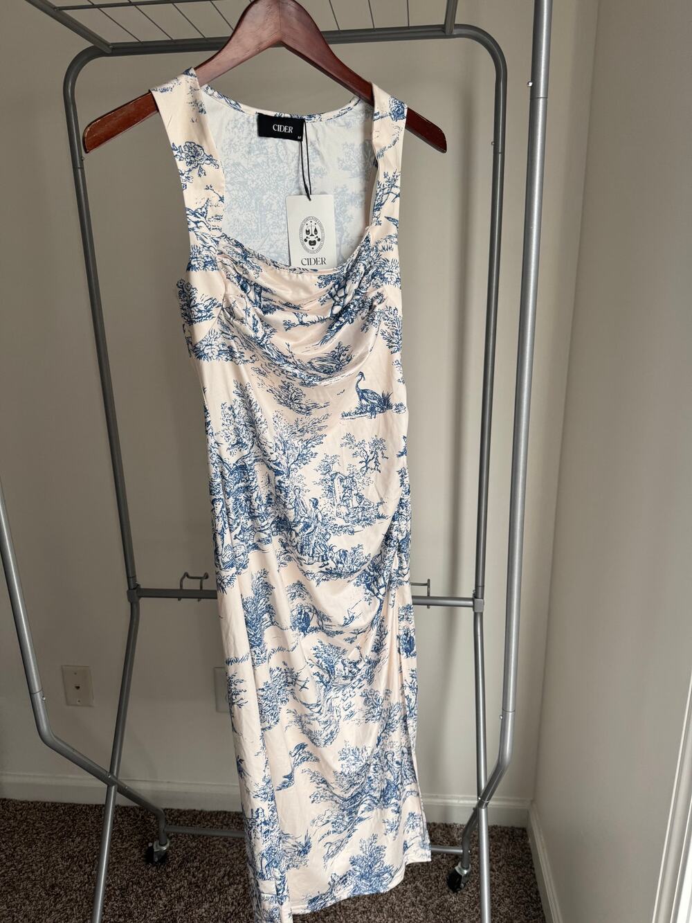 Cider Blue Toile Print Satin Midi Dress NWT Medium Cowl Neck Side Slit Size M